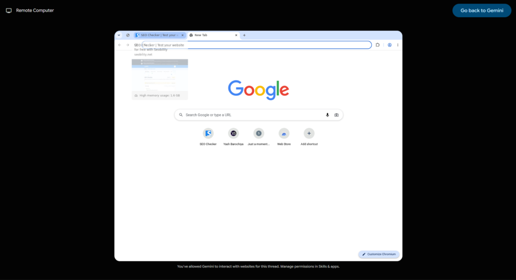 VM browser session google in Gemini Spark